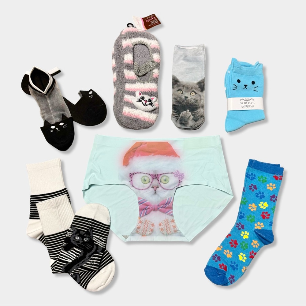 Lot of 7 Crazy Cat Lady Mom Lover Kitten Print Panties Socks Slippers Funny Gift